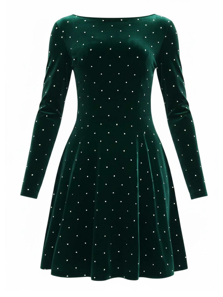 Dunkelgrün 1980er Samt Strassstein Tailliert Party Kleid