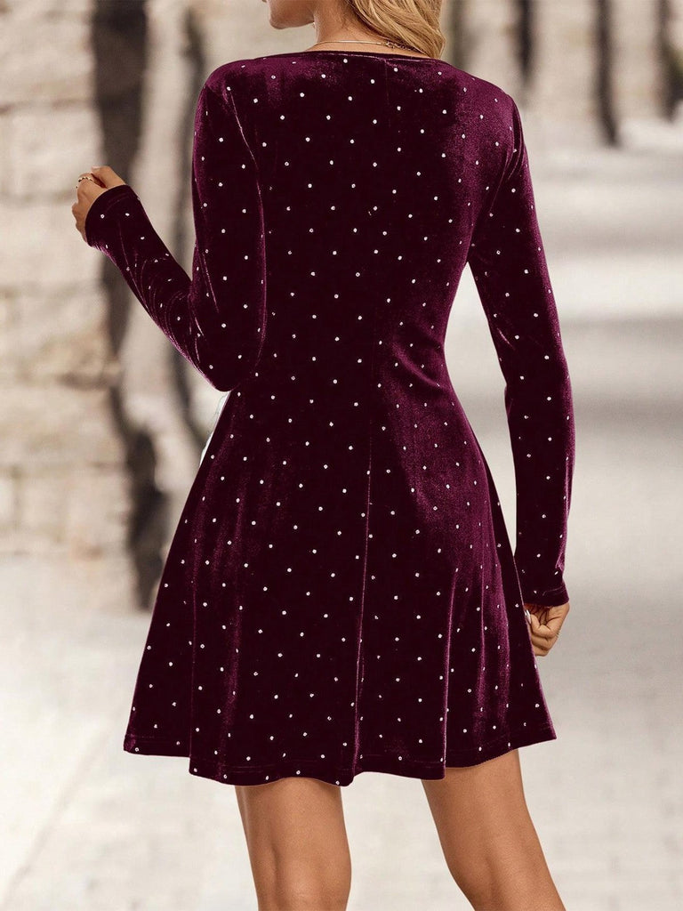 Dunkelgrün 1980er Samt Strassstein Tailliert Party Kleid