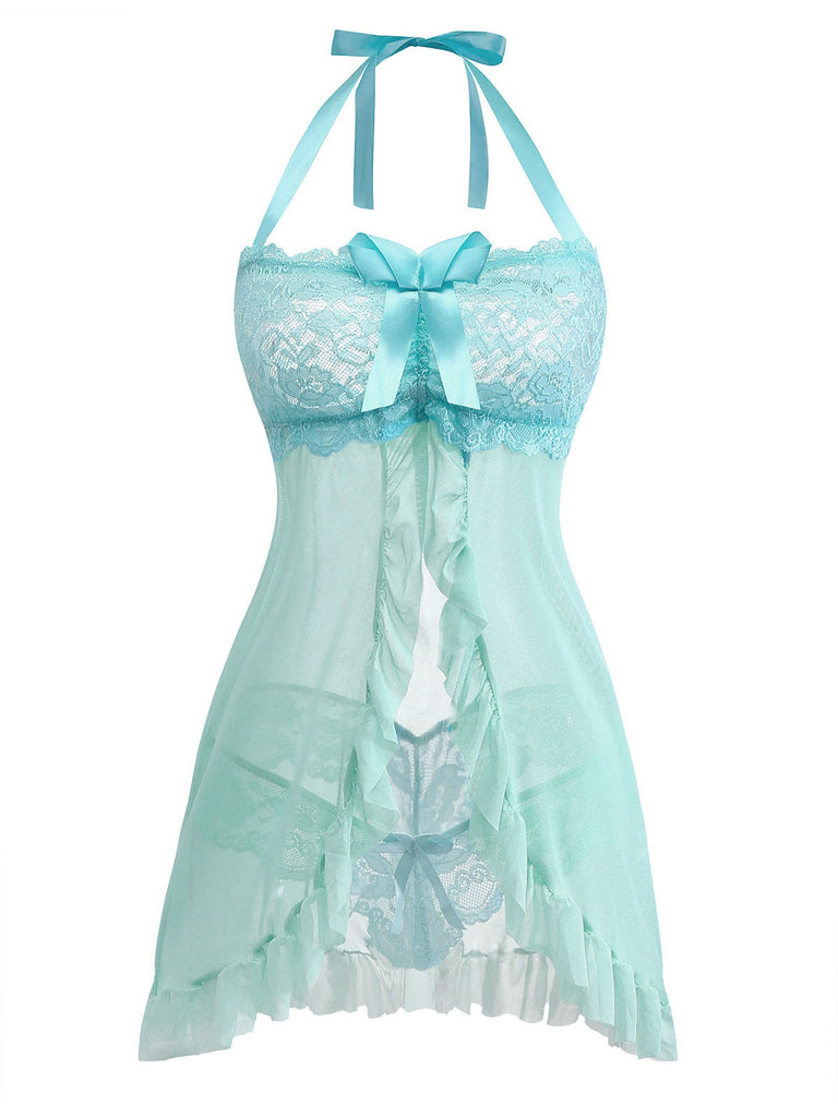 Aqua Blau 1980er Spitze Bogen Dessous Set