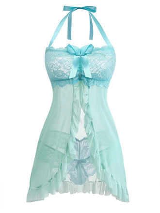 Aqua Blau 1980er Spitze Bogen Dessous Set