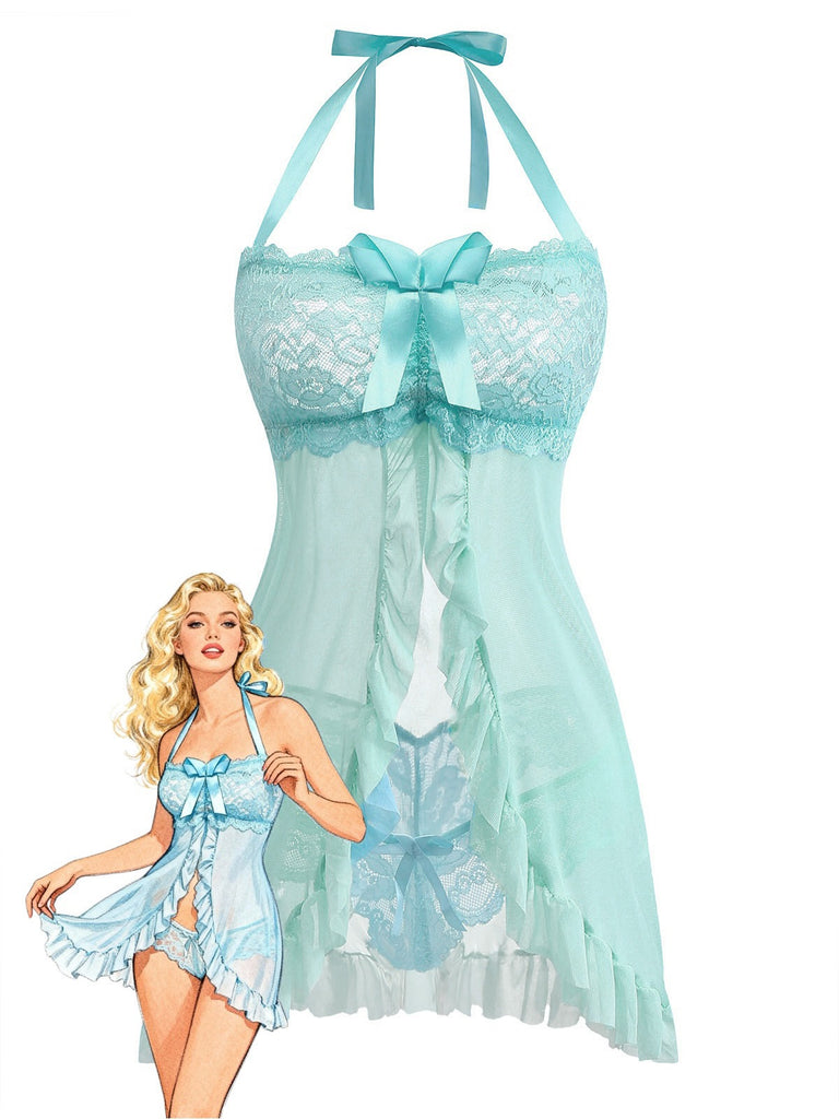 Aqua Blau 1980er Spitze Bogen Dessous Set