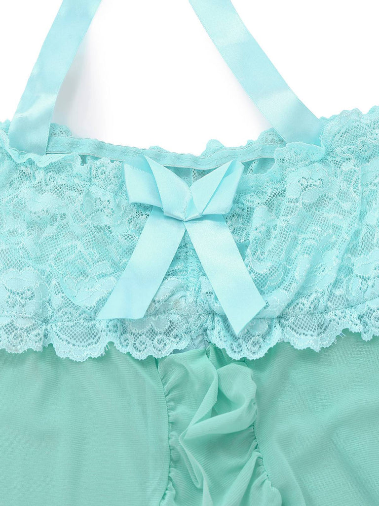 Aqua Blau 1980er Spitze Bogen Dessous Set