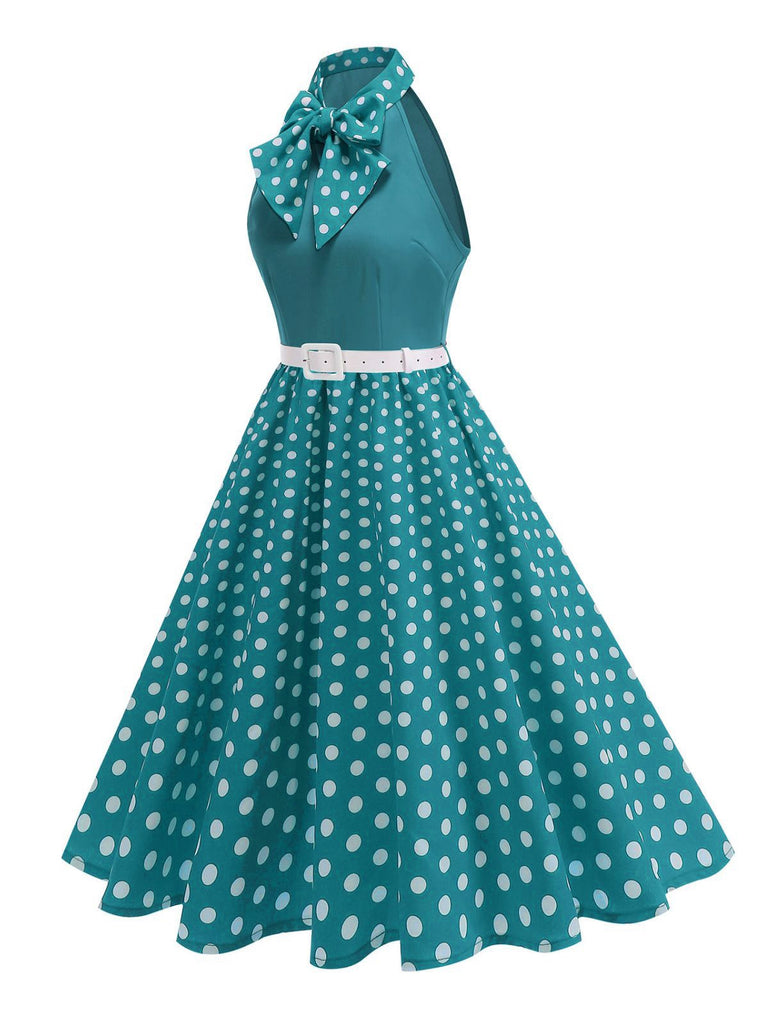 1950er Bogen Binde-Hals Polka Punkte Gürtel Kleid
