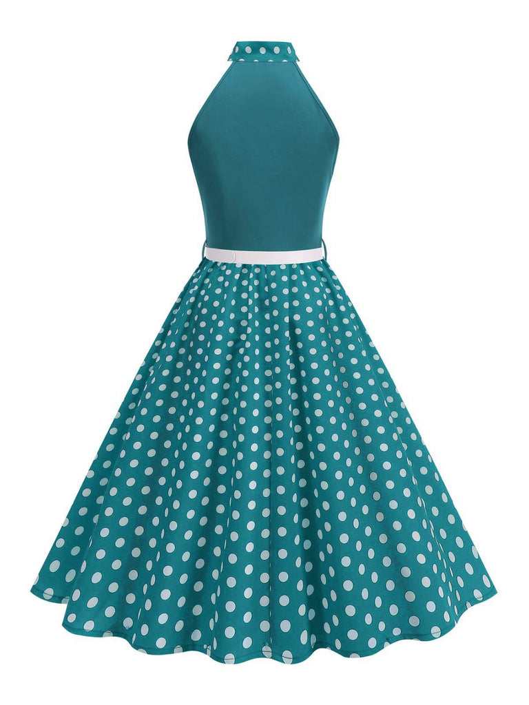 1950er Bogen Binde-Hals Polka Punkte Gürtel Kleid