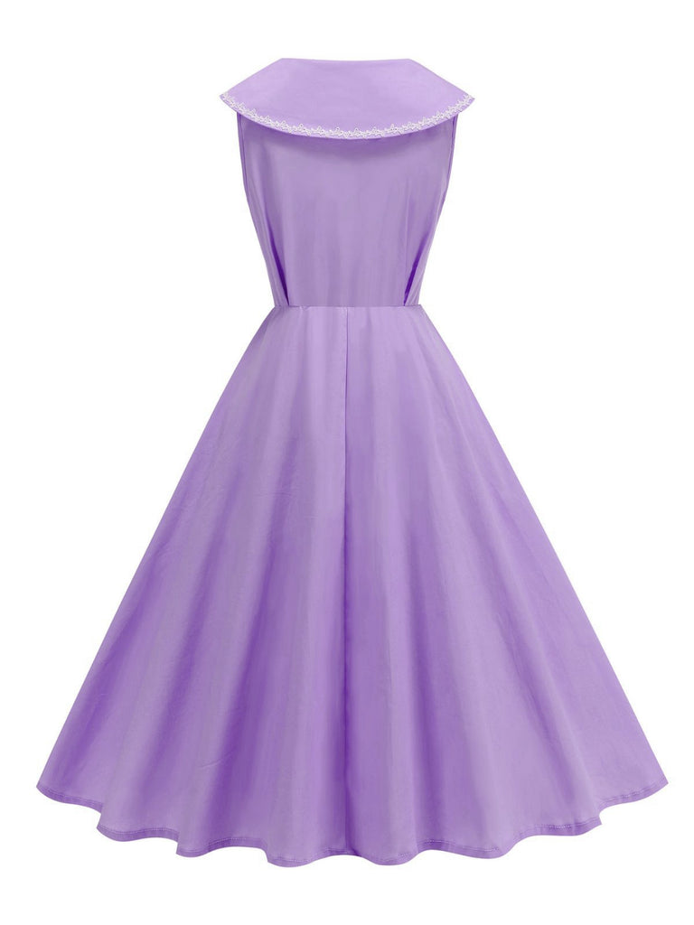 1950er Solide Matrosen Kragen Schleife Ärmellos Kleid