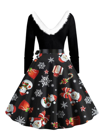 1950er Weihnachten V-Ausschnitt Pelzkragen Swing Kleid