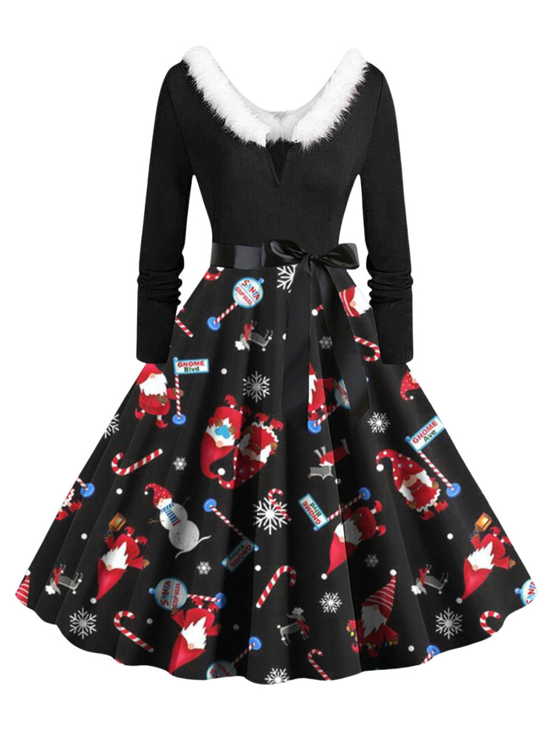 1950er Weihnachten V-Ausschnitt Pelzkragen Swing Kleid
