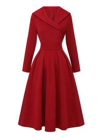 1950er Solide Revers Hoch Taille Swing Kleid