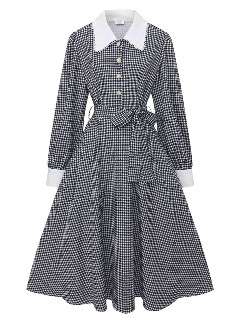 Schwarz 1940er Hahnentritt Puffärmel Perlen Taste Kleid