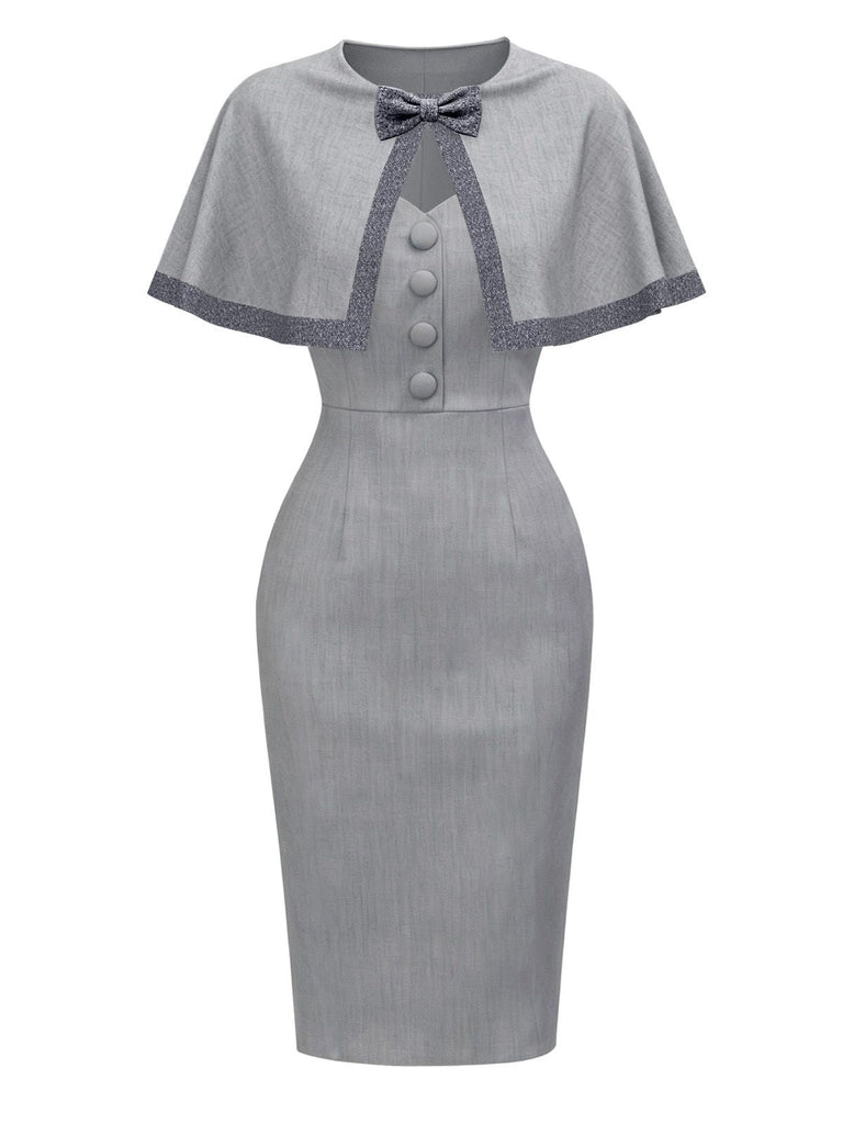 [Vorverkauf] Grau 1960er Solide Bogen Caped Midi Bodycon Kleid