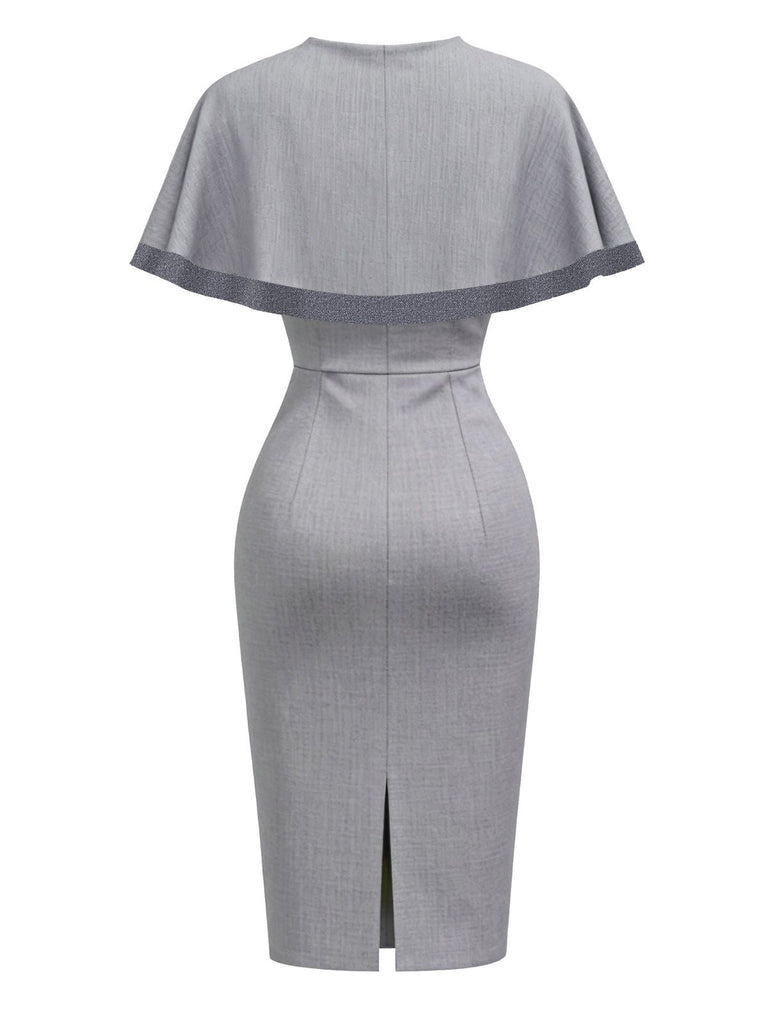 [Vorverkauf] Grau 1960er Solide Bogen Caped Midi Bodycon Kleid