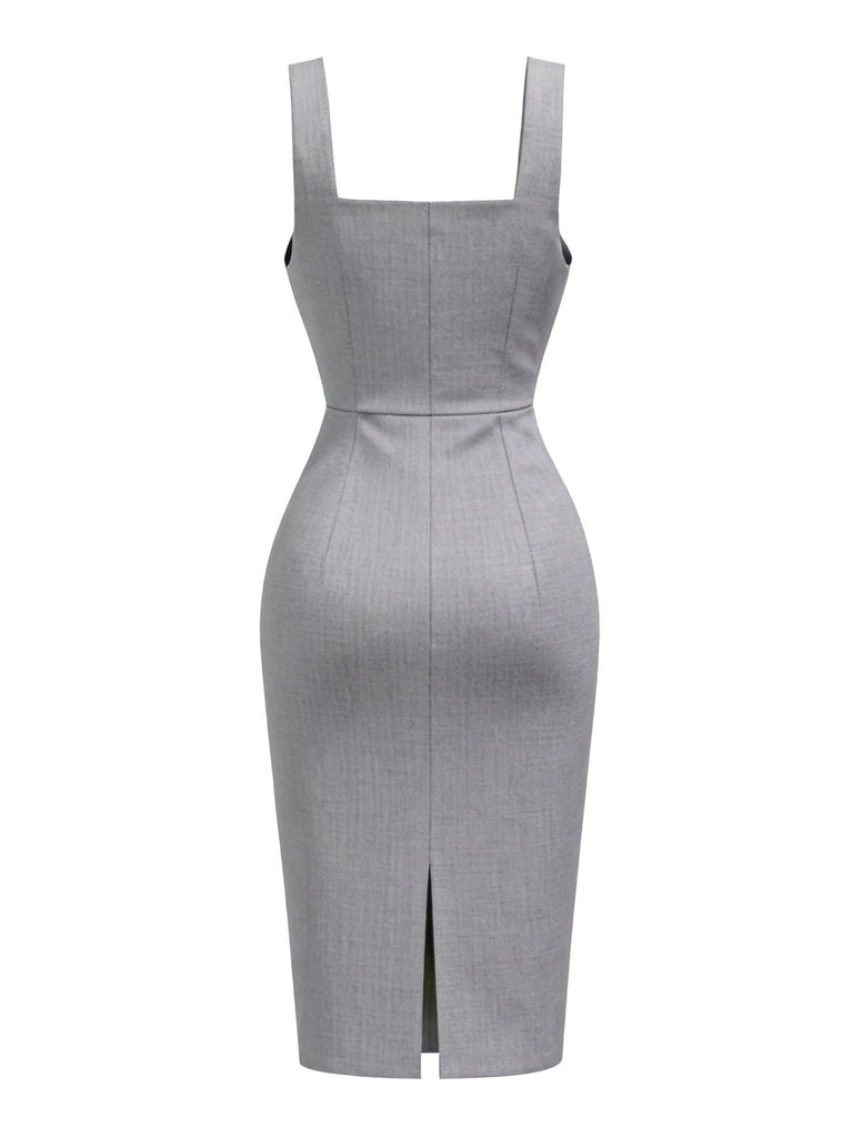 [Vorverkauf] Grau 1960er Solide Bogen Caped Midi Bodycon Kleid