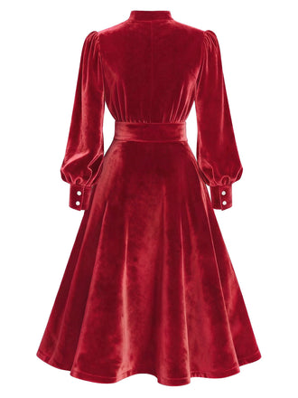 [Vorverkauf] Rot 1950er Schlüsselloch V-Ausschnitt Perle Samt Kleid