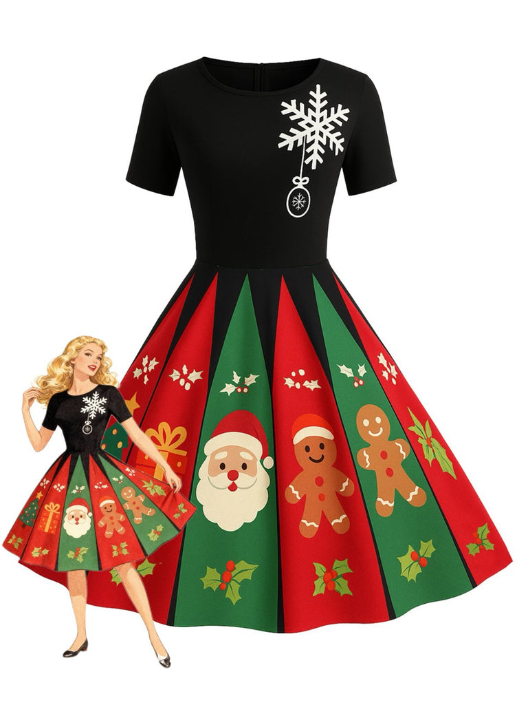 [Vorverkauf] Schwarz 1950er Weihnachten Schneeflocke Swing Kleid