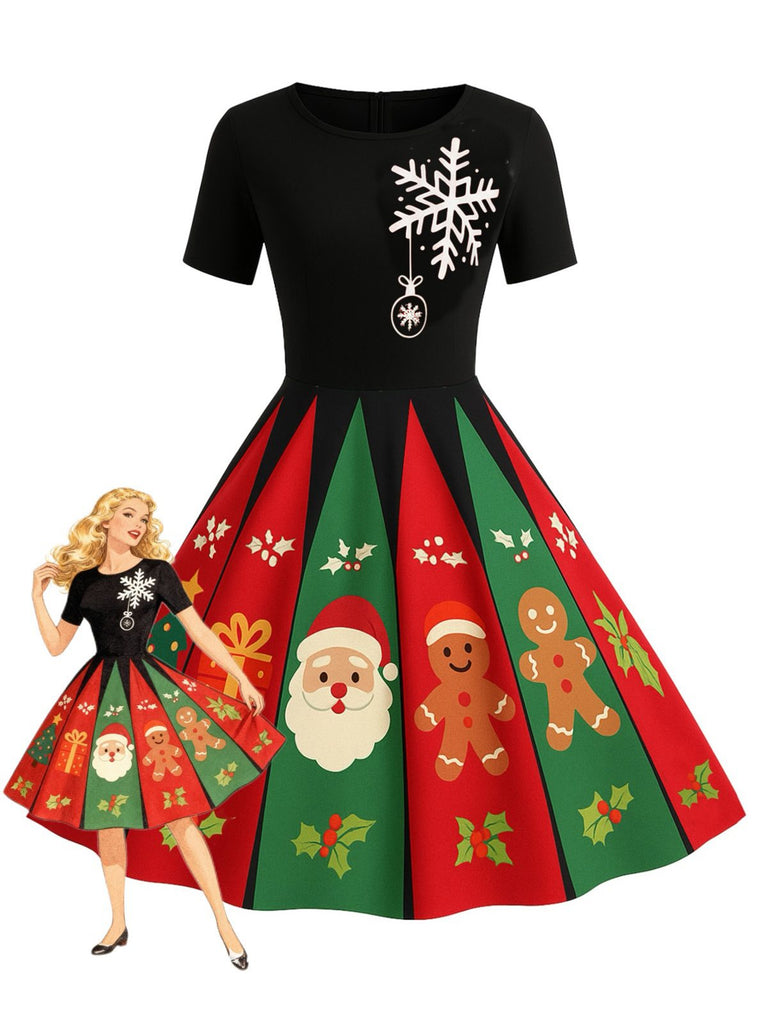 [Vorverkauf] Schwarz 1950er Weihnachten Schneeflocke Swing Kleid