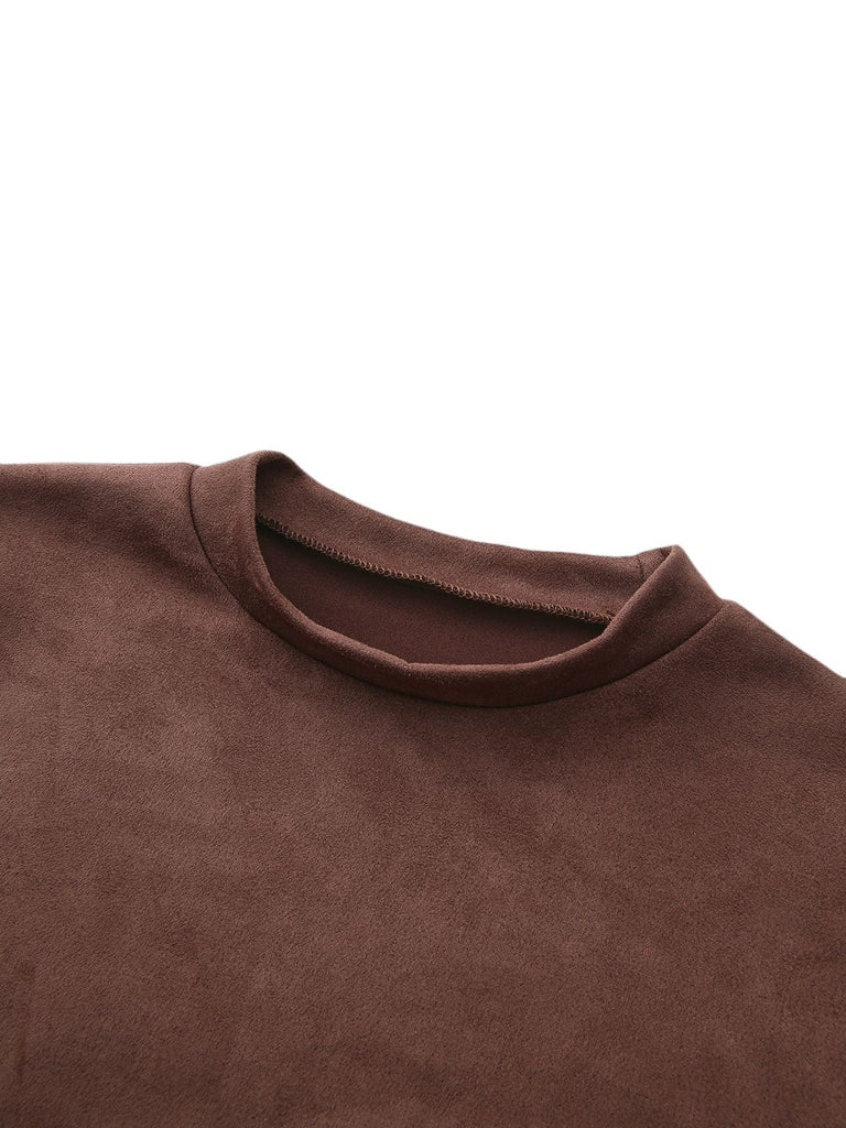 Braun 1970er Lang Ärmel Rundhals Gürtel Kleid