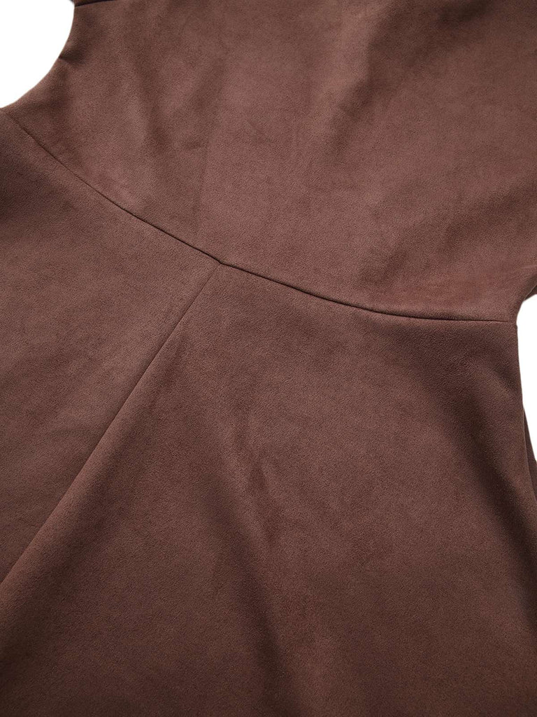 Braun 1970er Lang Ärmel Rundhals Gürtel Kleid