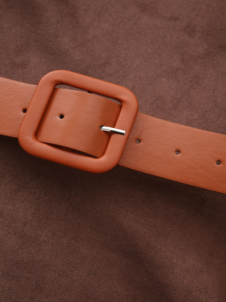 Braun 1970er Lang Ärmel Rundhals Gürtel Kleid