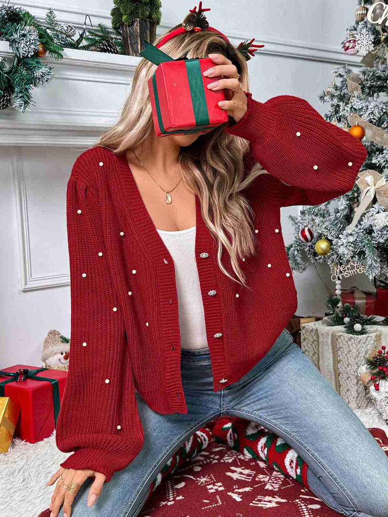 Rot 1950er Solide Perlen Perlenbesatz Locker Stricken Strickjacke