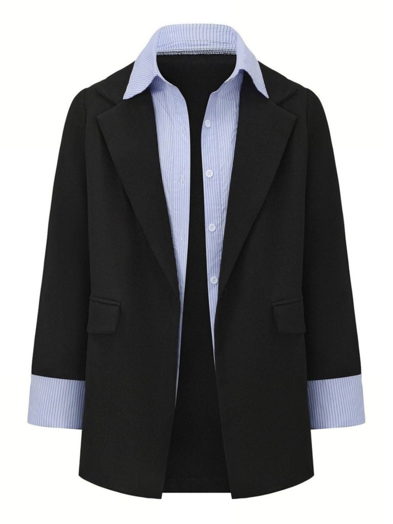 Schwarz 1950er Streifen Revers Kunst Zweiteilig Blazer