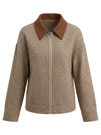 Braun 1950er Revers Kariert Reißverschluss Jacke