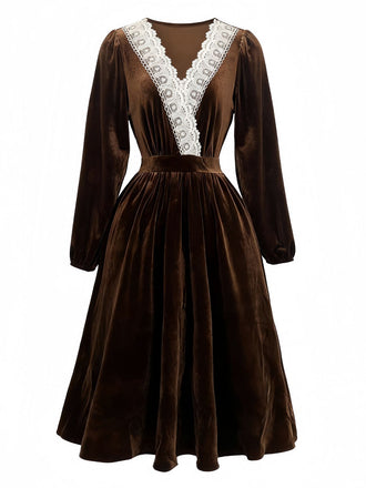 Braun 1940er Solide Spitze Patchwork Samt Kleid