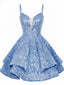 Blaues 50er Pailletten-Party-Minikleid mit tiefem V-Ausschnitt und Schnürung