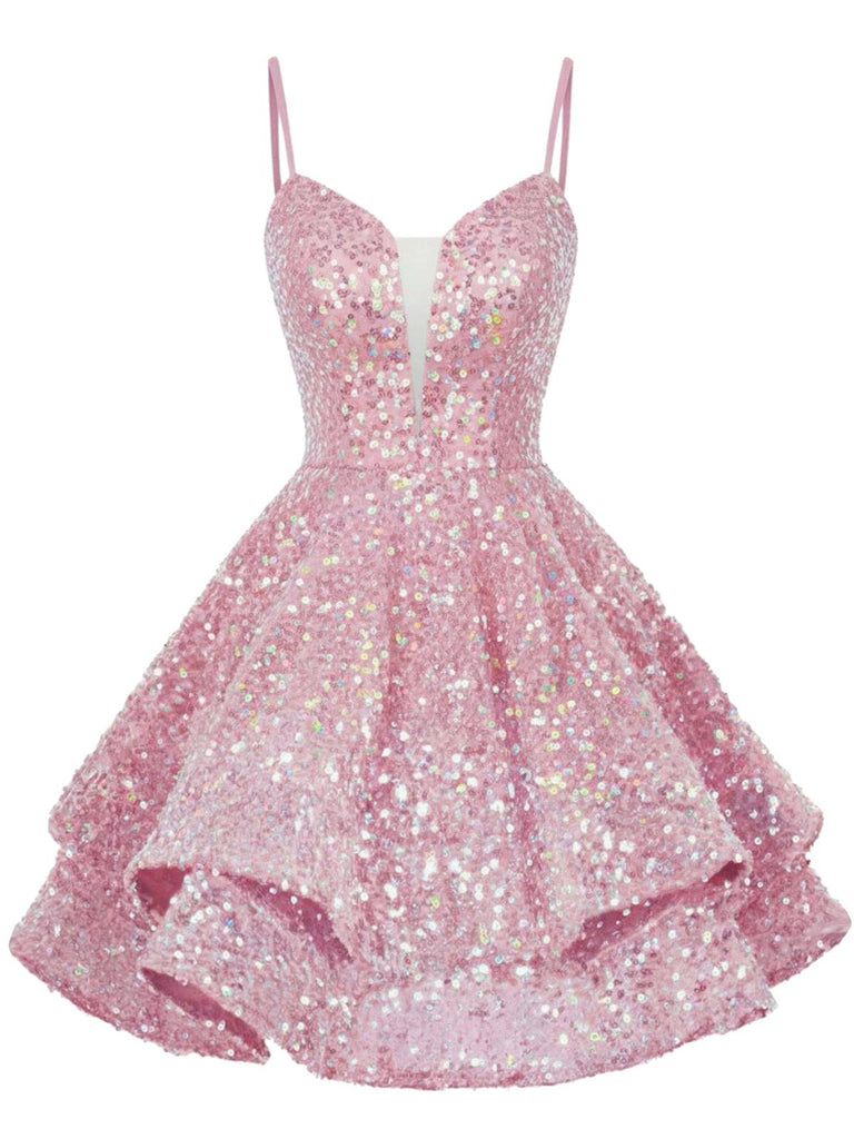 Rot 1950er Pailletten Tief-V Schnür Mini Party Kleid