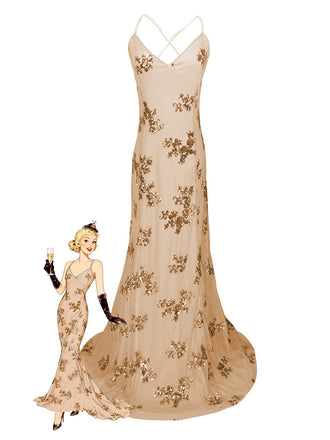 Elfenbein 1980er Pailletten-Embellished Meerjungfrauen Abendkleid