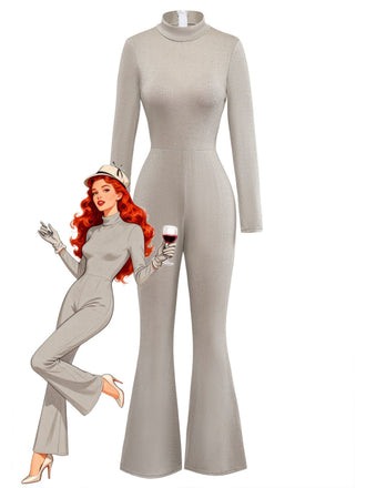 Beige 1980er Glitzer Samt Ausgestellt Rollkragen Jumpsuit