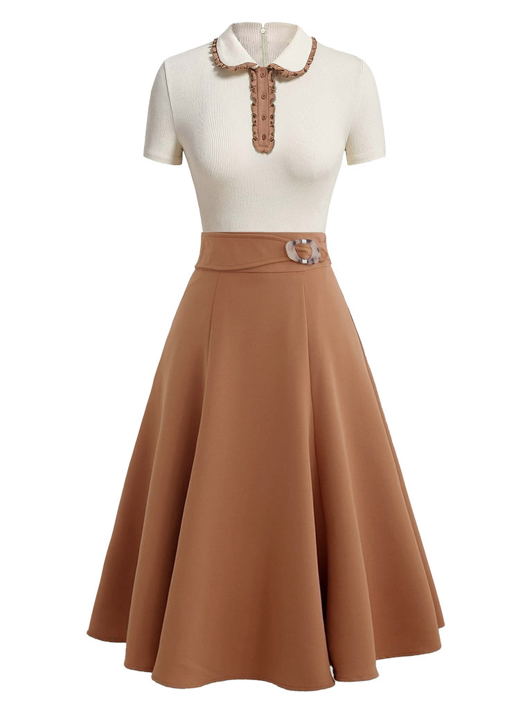 [Vorverkauf] Khaki 1950er Revers Stricken Patchwork Kleid