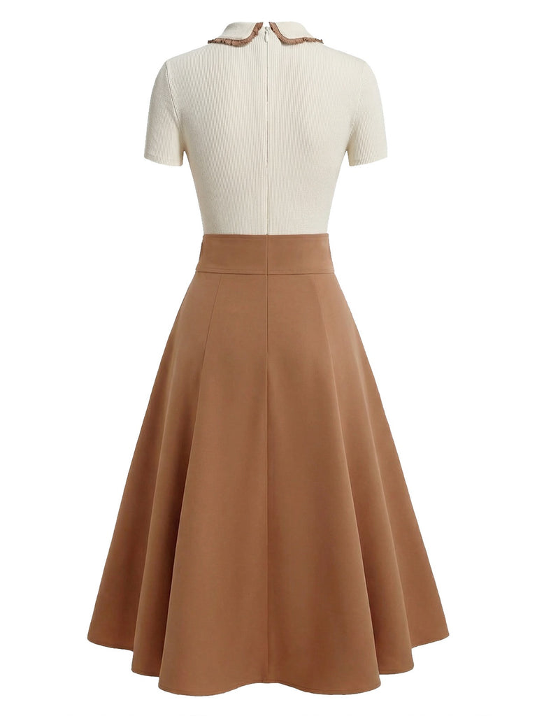 [Vorverkauf] Khaki 1950er Revers Stricken Patchwork Kleid