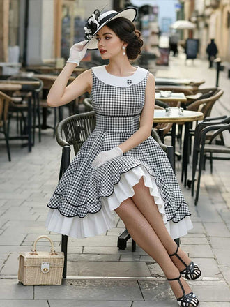[Vorverkauf] Schwarz & Weiß 1950er Vichy-Karo Blütensaum Kleid