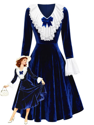 [Vorverkauf] Königsblau 1940er Samt V-Ausschnitt Spitze Bogen Kleid
