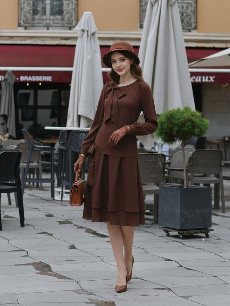 Braun 1920er Bogen Schleife Gürtel Taille Kleid