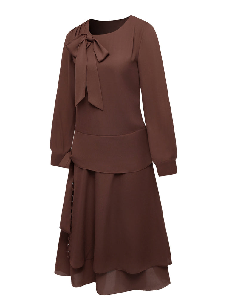 Braun 1920er Bogen Schleife Gürtel Taille Kleid