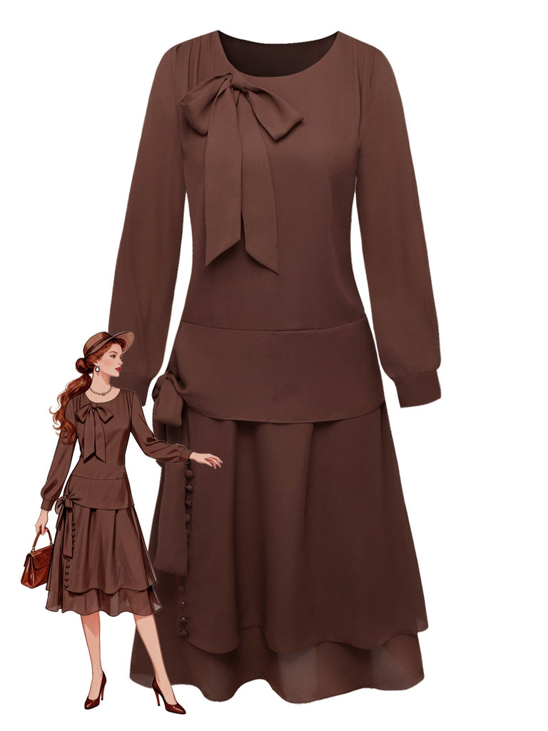 Braun 1920er Bogen Schleife Gürtel Taille Kleid