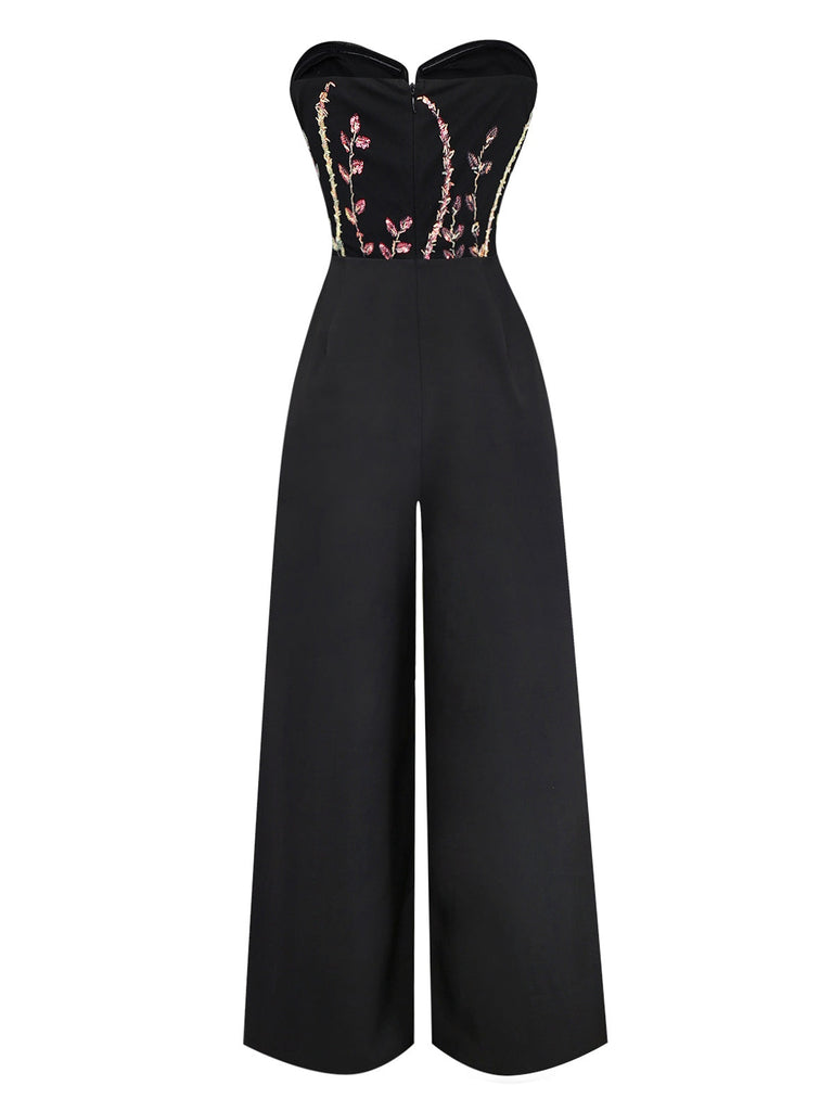 [Vorverkauf] Schwarz 1960er Besticktes Blumen Schnür Trägerlos Jumpsuit