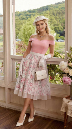 [Vorverkauf] Rosa 1950er Herzausschnitt Rose Netz Schulterfrei Kleid