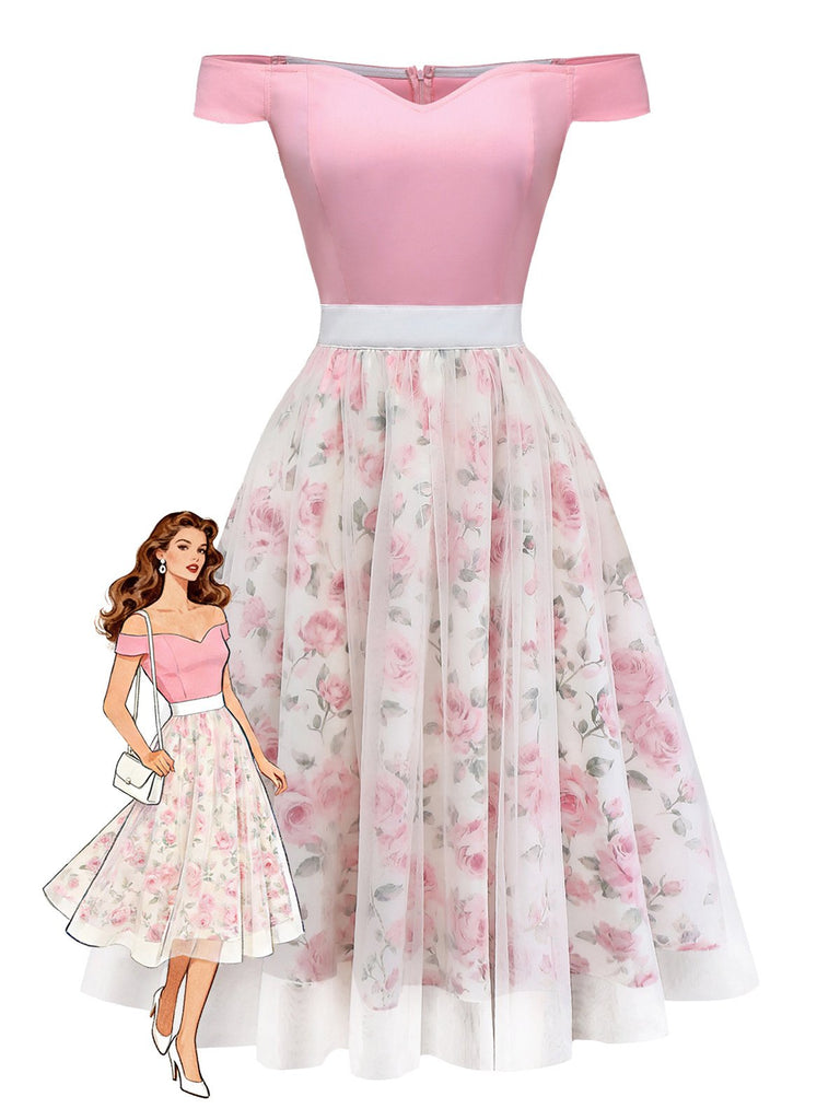 [Vorverkauf] Rosa 1950er Herzausschnitt Rose Netz Schulterfrei Kleid