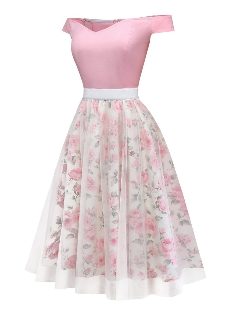 [Vorverkauf] Rosa 1950er Herzausschnitt Rose Netz Schulterfrei Kleid