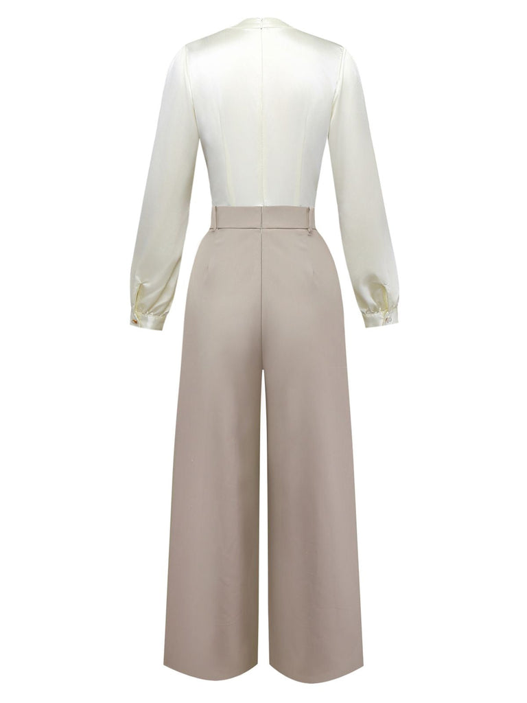 [Vorverkauf] Khaki 1960er Bogen Kragen Patchwork Jumpsuit