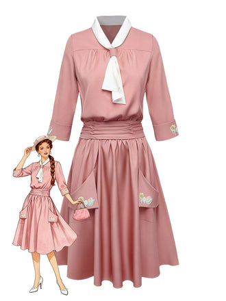[Vorverkauf] Rosa 1920er Tie Neck Embroidery Large Pockets Kleid