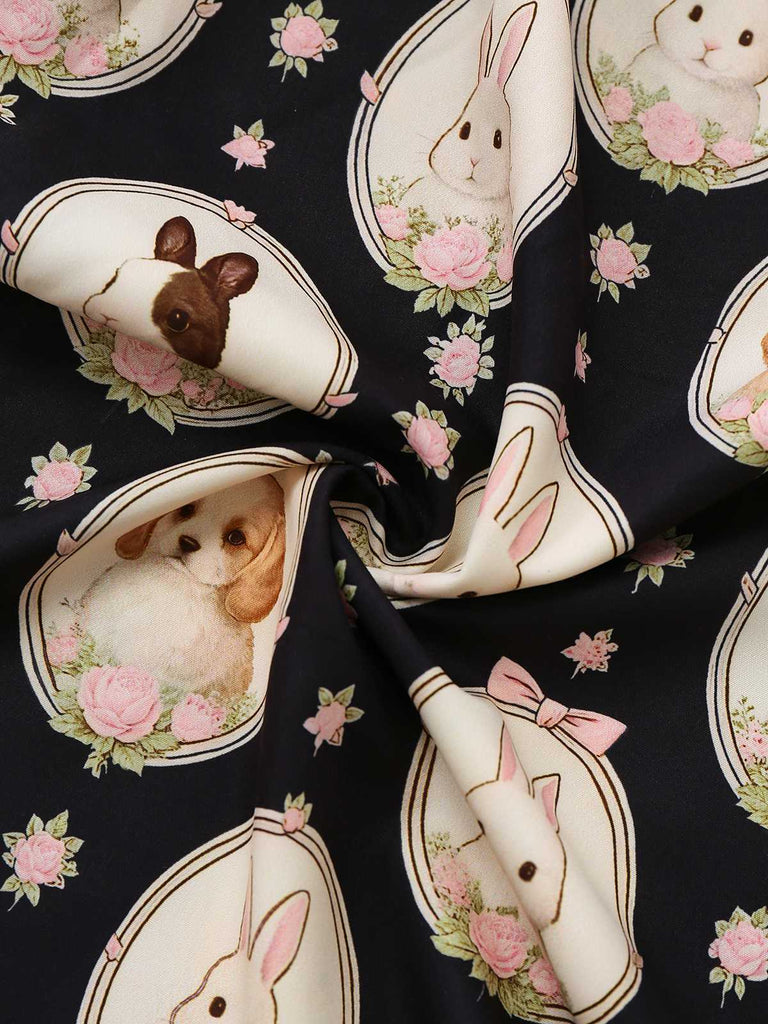 [Vorverkauf] Schwarz 1950er Bootskragen  Häschen Welpe Drucken Kleid