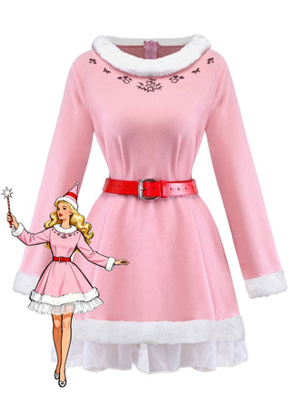 Rosa 1950er Weihnachten Elf Plüsch-Gekantet Kleid Set