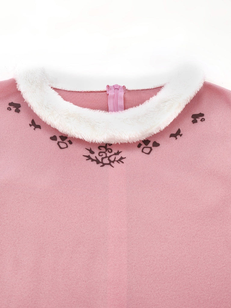 Rosa 1950er Weihnachten Elf Plüsch-Gekantet Kleid Set