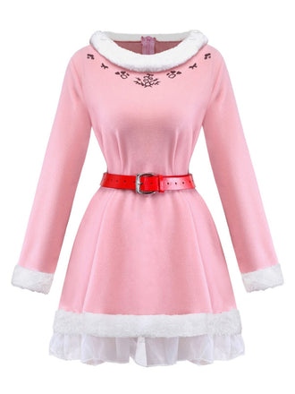 Rosa 1950er Weihnachten Elf Plüsch-Gekantet Kleid Set