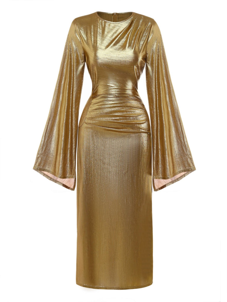 Gold 1970er Fledermaus Ärmel Taille Gerüschtes Kleid
