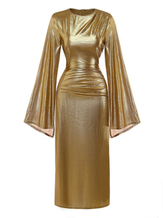 Gold 1970er Fledermaus Ärmel Taille Gerüschtes Kleid
