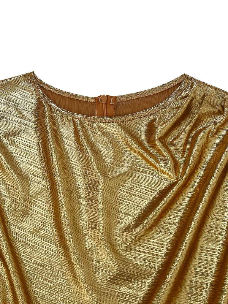 Gold 1970er Fledermaus Ärmel Taille Gerüschtes Kleid